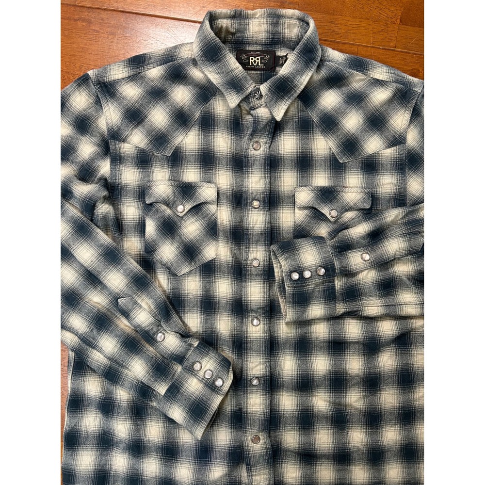 RRL Ralph Lauren Western Pearl Snap Shirt Mens Large Blue Plaid Flannel